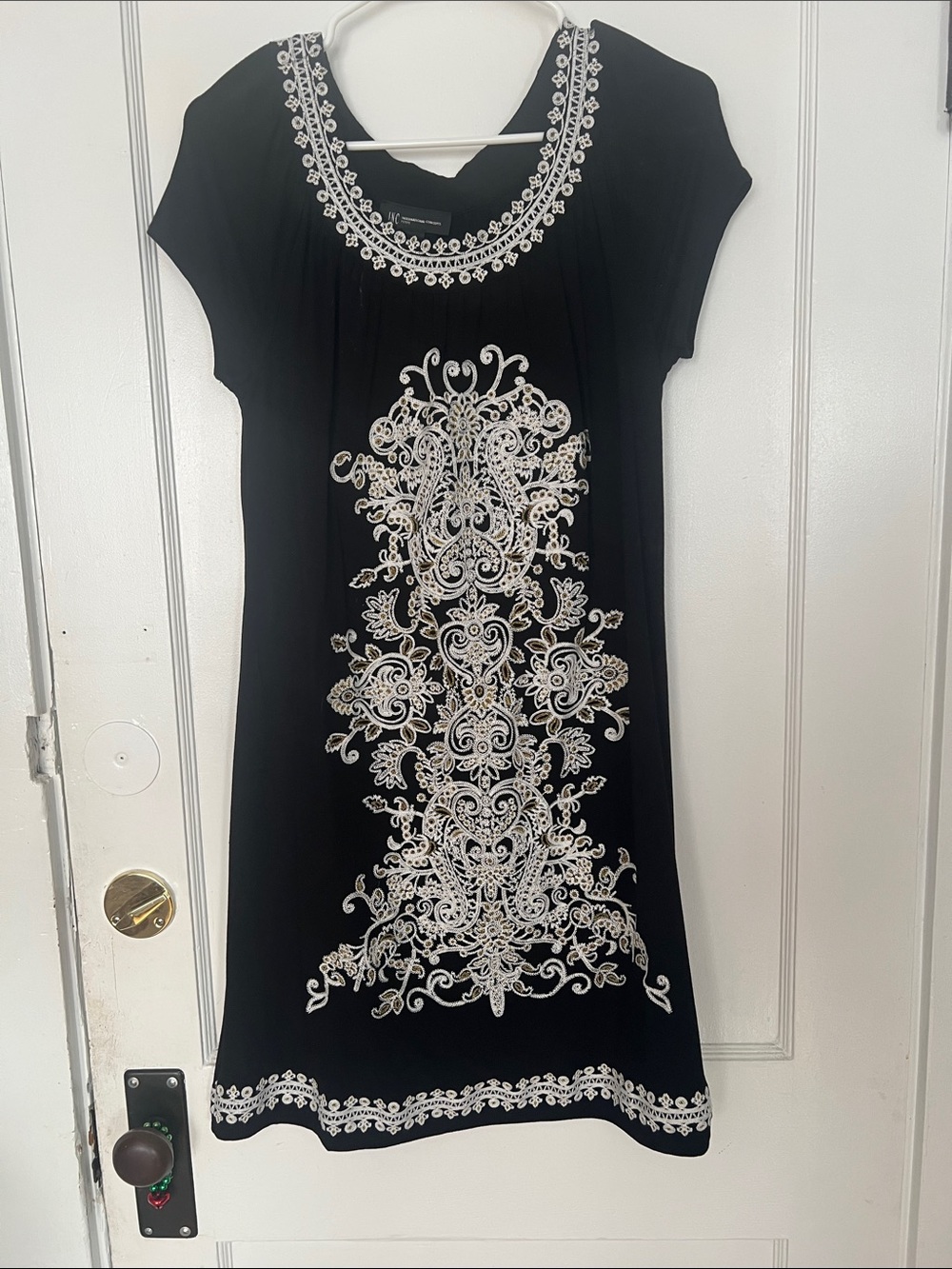 INC International Concepts Black Midi Dress with White Embroidered Motif